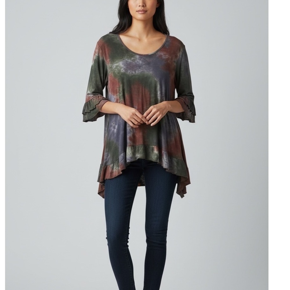 Forgotten Grace Tie‎ Dye Double Ruffle Sleeve Scoop Neck Tunic Top L